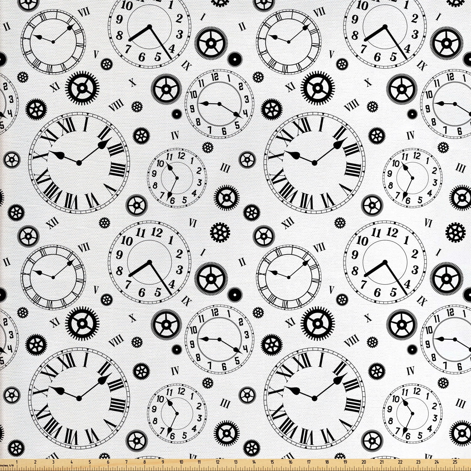 Clocks Fabric by The Yard, Clockworks Theme with Gears Roman Numeral