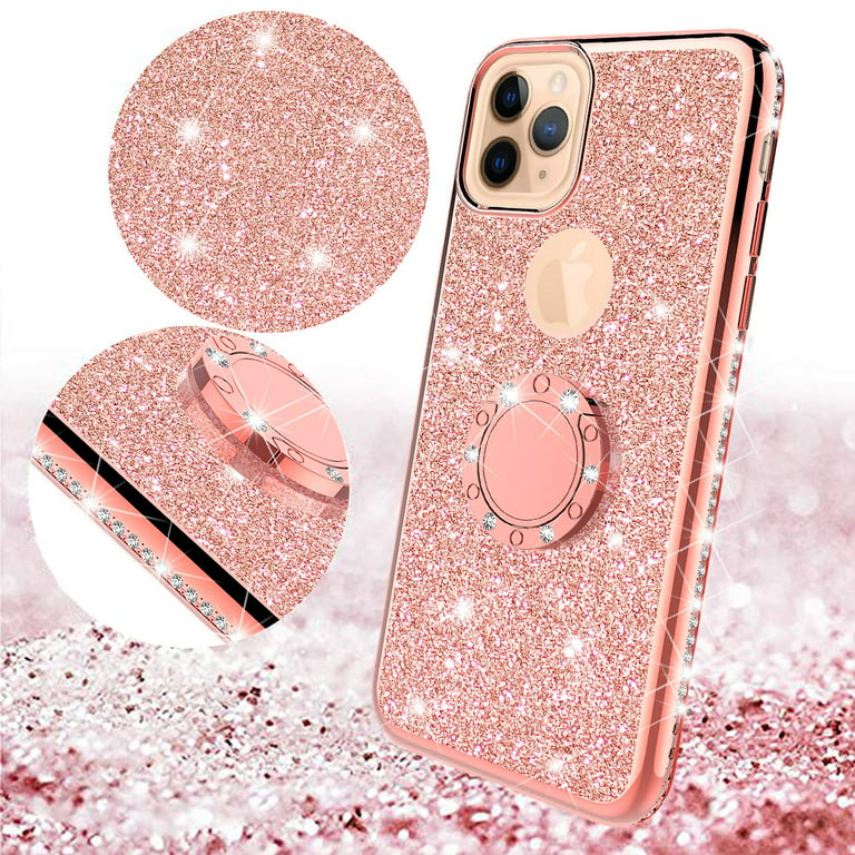 OCYCLONE iPhone 11 Pro Max Case, Cute Glitter Sparkle Bling Diamond Rhinestone Bumper with Ring Kickstand Women Girls Soft Pink Protective Phone Case