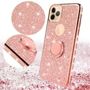 Apple iPhone 11 Pro Max Case for Girl Women, Glitter Cute Girly Ring Kickstand Diamond Rhinestone Bumper Pink Clear Shock Proof Protective Phone Case iPhone 11 Pro Max 6.5inch - Rose Gold