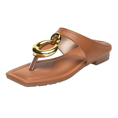 

SEMIMAY New Casual Slipper Lady Slides With Square Head Hollowed Out Ladies Women Beach Flip Flops Flat Sandals Shoes Brown