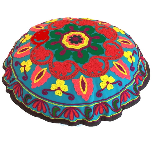 Stylo Culture Ethnic Indian Floor Cushion Cover Traditional Sujani Embroidered Meditation Pillow Case Colorful 18 x 18 Small Decorative Round Tuffet Seat Pouf Cover Footstool Cotton Floral 1 Pc