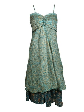 Mogul Women Green Vintage Recycled Sari Printed Sundress Layered Spaghetti Strap Beach Summer Dresses S/M