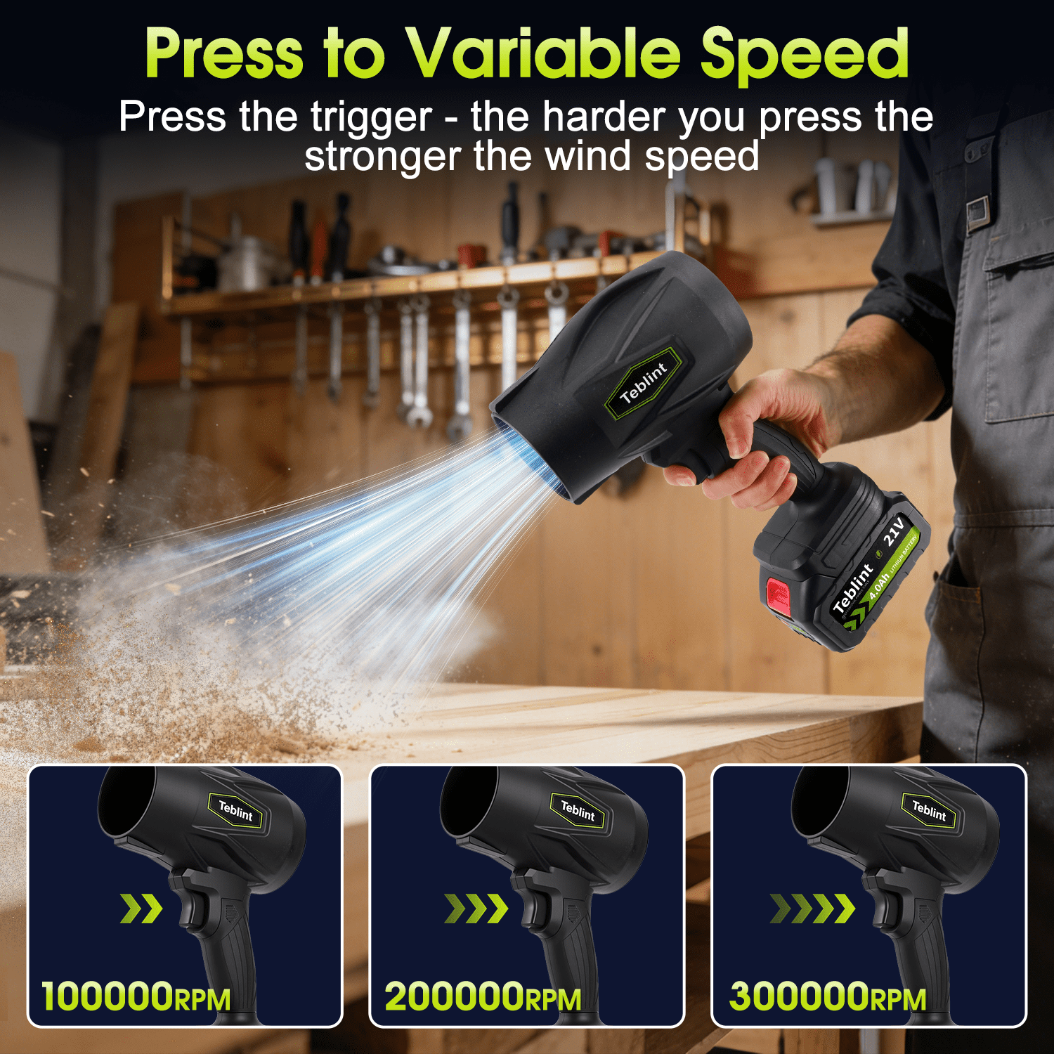 Teblint Electric Cordless Leaf Blower, 370CFM & 150MPH Handheld Leaf Blower for Lawn Care- 310K RPM, 2 x 4.0Ah Batteries, Charger, Adjustable Speed, for Patio Cleaning Blowing Leaves & Dust, Black