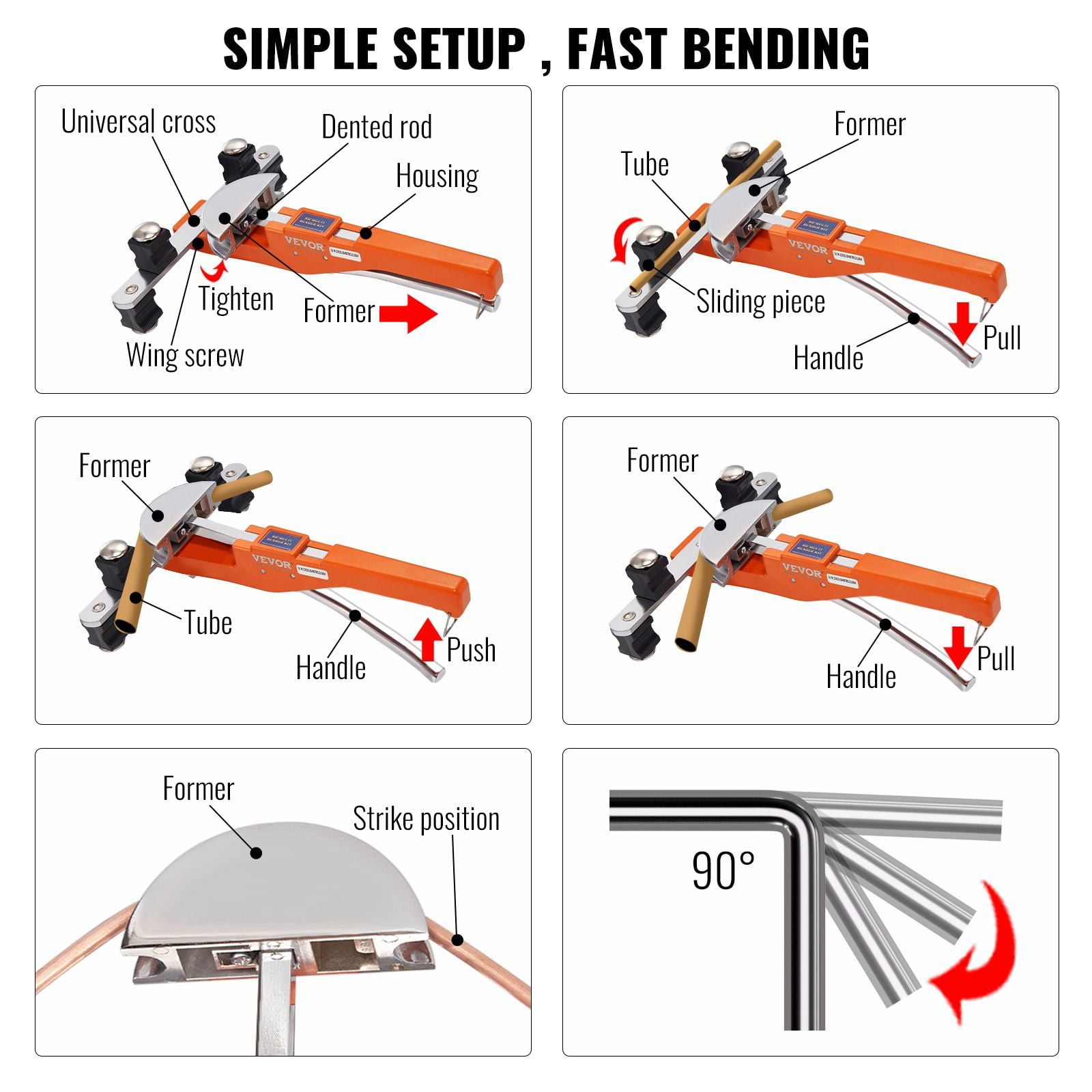 7-Die Tube Bender Tool Kit - Ratcheting 90° Pipe Bender for 1/4"-7/8" Tubing, HVAC & Refrigerator Repair with Pipe Cutter Included