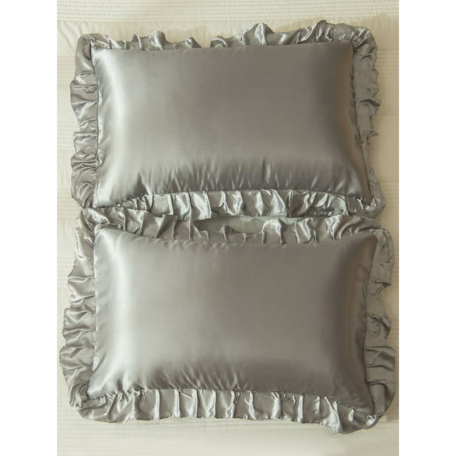 MOVE OVER Grey Ruffle Pillowcases King, Silky Satin Pillow Cover Set of 2, Luxury Satin Ruffle Pattern, 2 Pack