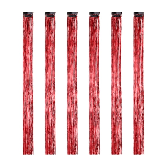 Uxcell 6 Pack Clip in Hair Tinsel Kit, 17.7 Inch Sparkle Fairy Hair Extensions Clips Heat Resistant Colorful Glitter Hair Accessories for Women, Red