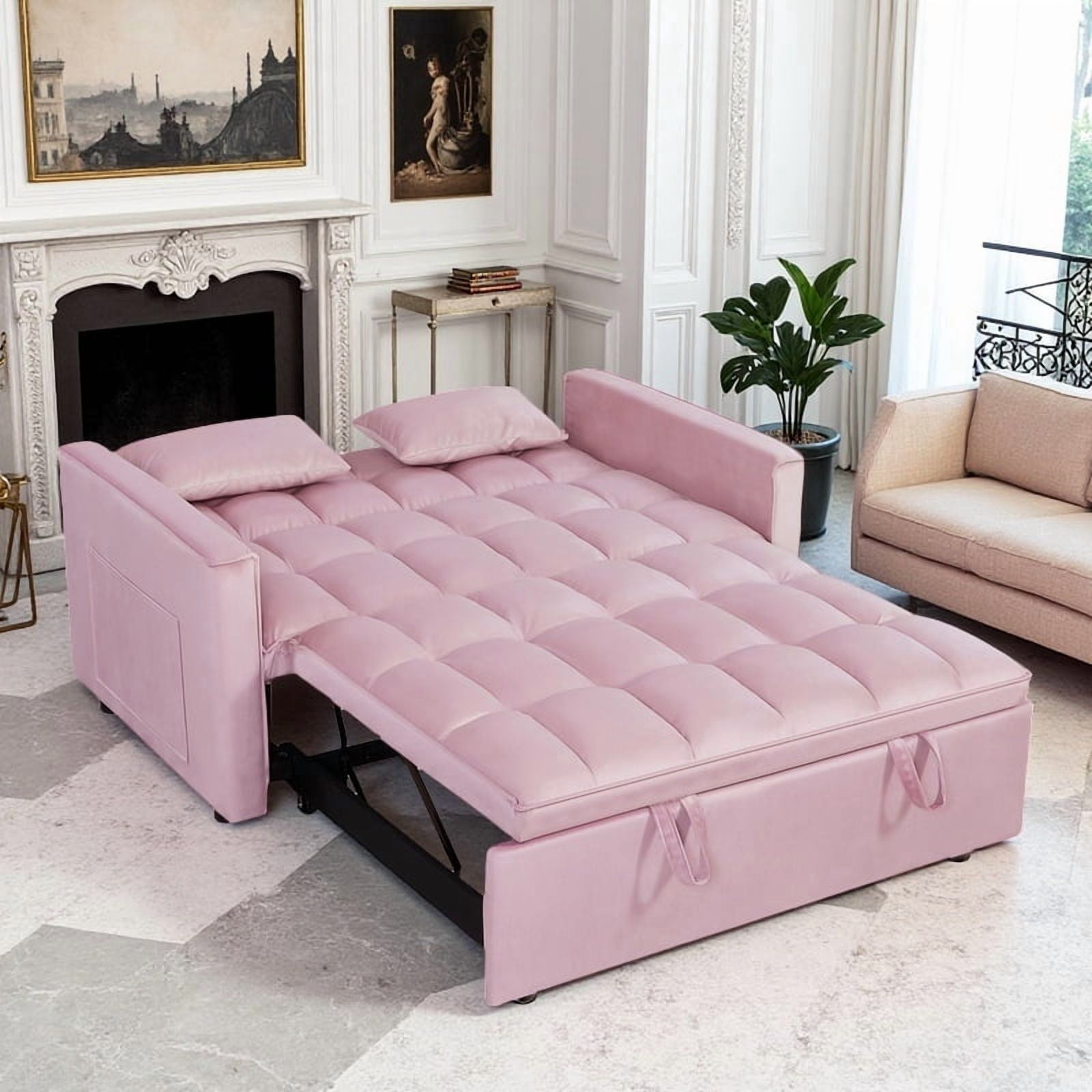 Gewnee 54" 3 in 1 Convertible Sleeper Sofa Bed,Velvet Pull Out Couch with Adjustable Backrest,Loveseat with Pillows & Pockets for Living Room,Apartment,Pink