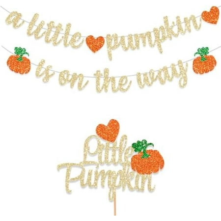 Pumpkin Fall Baby Shower Banner Decorations A Little Pumpkin is On the Way Cake Topper Gold Glitter Birthday Party for Boy Girl Birthday Thanksgiving Fall Theme Gender Reveal Supplies
