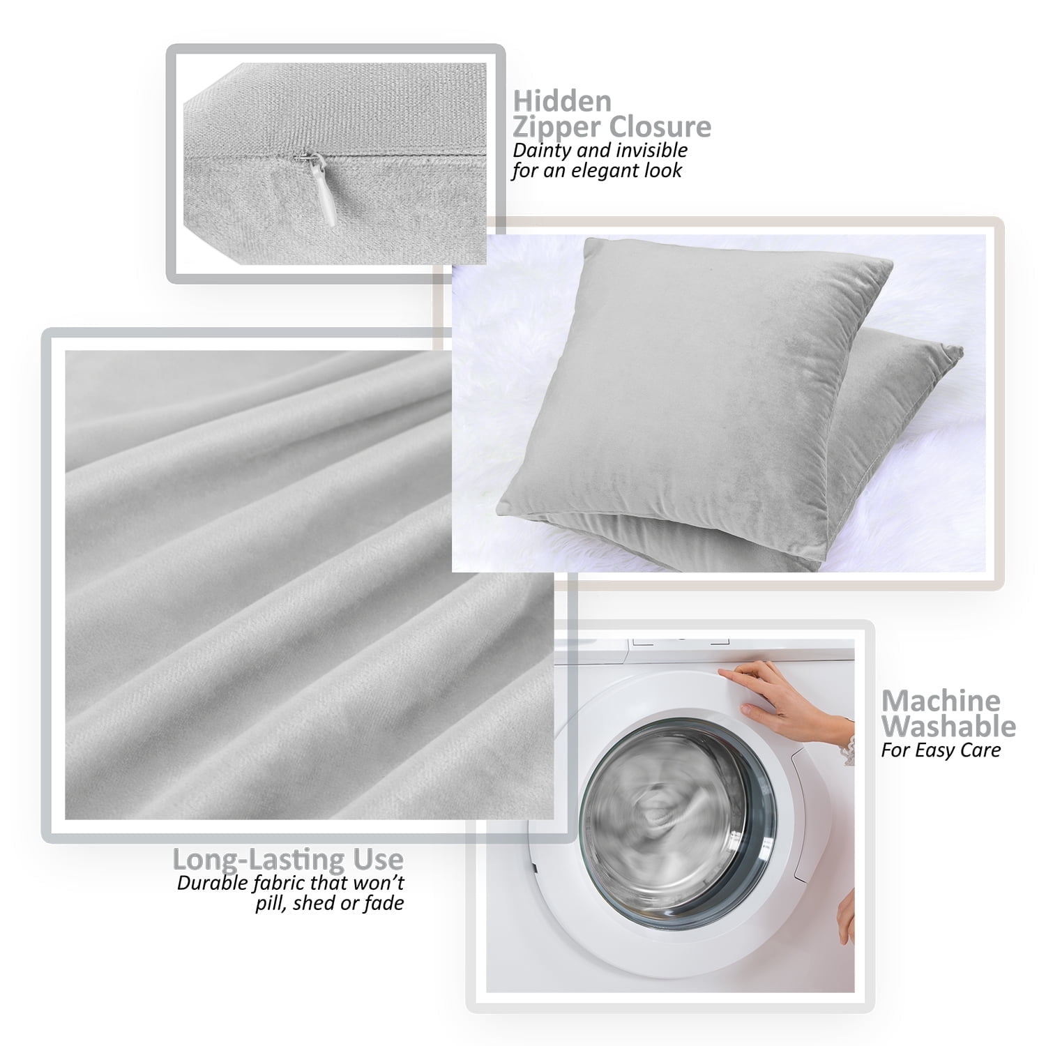 Ryan Soft Short Plush Metallic Pillow Covers Set of 4, 18x18 Inches Solid Square Decorative Cushion Covers for Living Room, Modern Silver Color, Soft Touch Plush Fabric, Sleek Minimal Home Decor