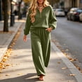 thumbnail image 5 of Xinoom Women Ribbed Knit Two Piece Outfit Set, Henley V‑Neck Long Sleeve Top and Wide Leg Pants, Cozy Loungewear Tracksuit for Casual Home Travel Wear Army Green,L, 5 of 6