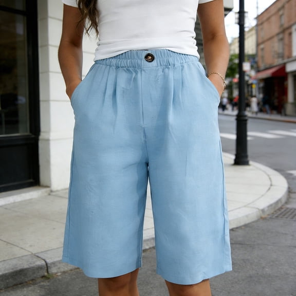 Casual Shorts for Women High Waist Loose Summer Bermuda Pants with Button Comfortable Solid Color Womens Shorts Blue L