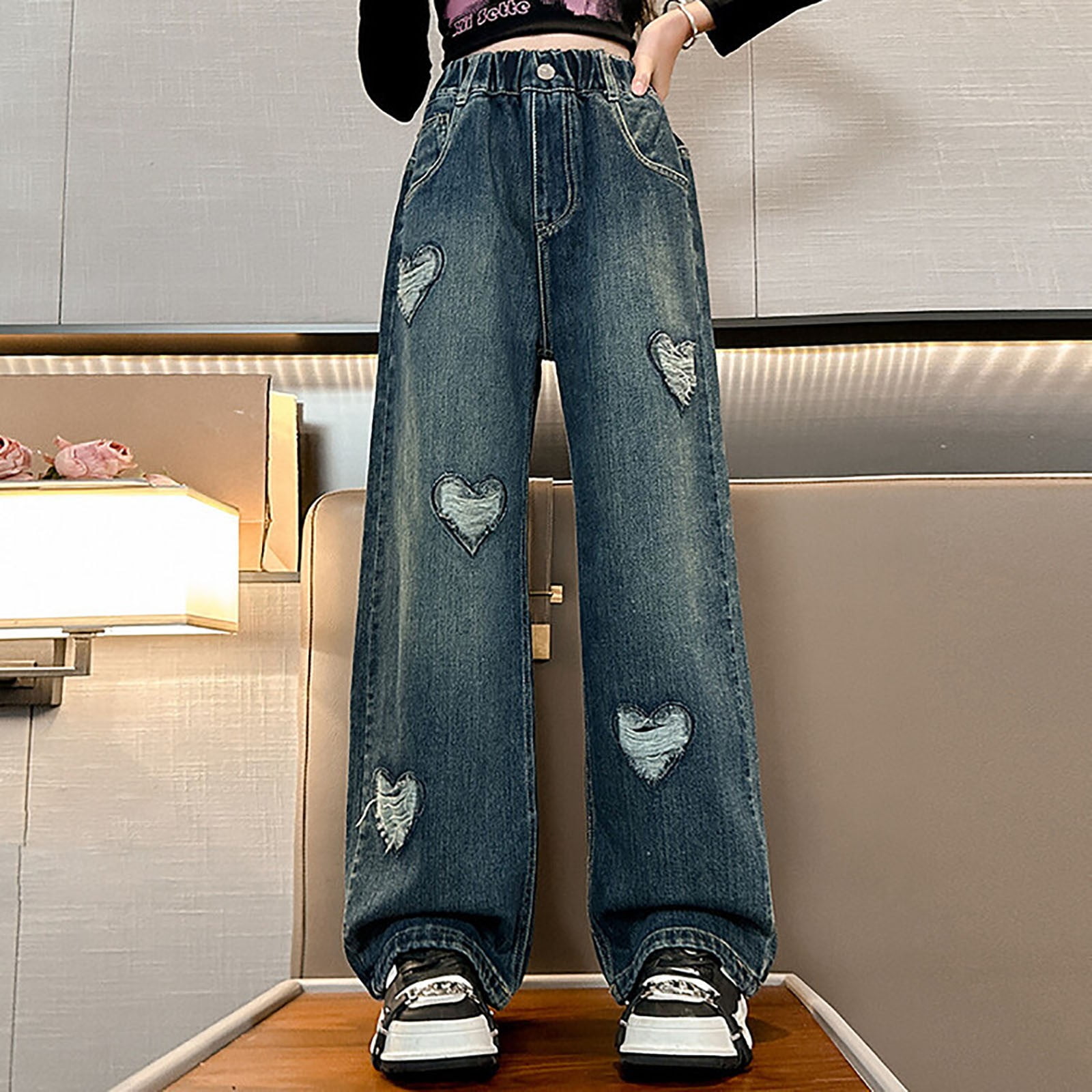Scene Clothes Baggy Jeans For Kids Girls Jeans Denim Elastic Wasit Wide Leg Baggy Pants Kids Clothes