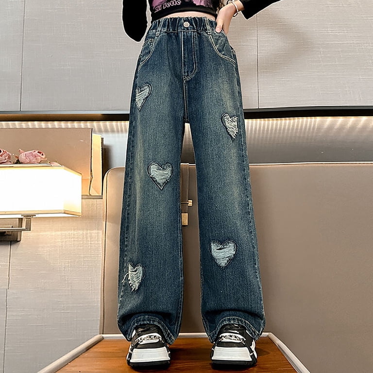 Mepaouo Kids Girls Jeans Wide Leg Ripped Baggy Denim Pants High