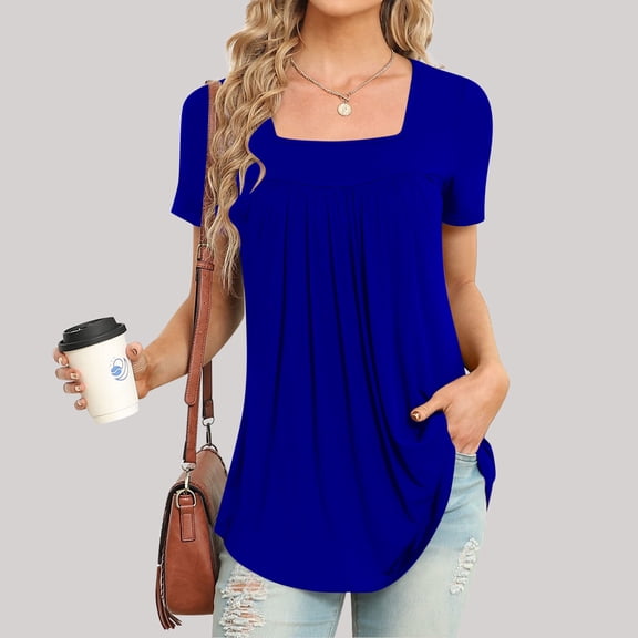 Frostluinai Square Neck Tops for Women Short Sleeve Tunic Shirts Casual Dressy Pleated Tshirts Basic Solid Color Blouses Loose Summer Tees