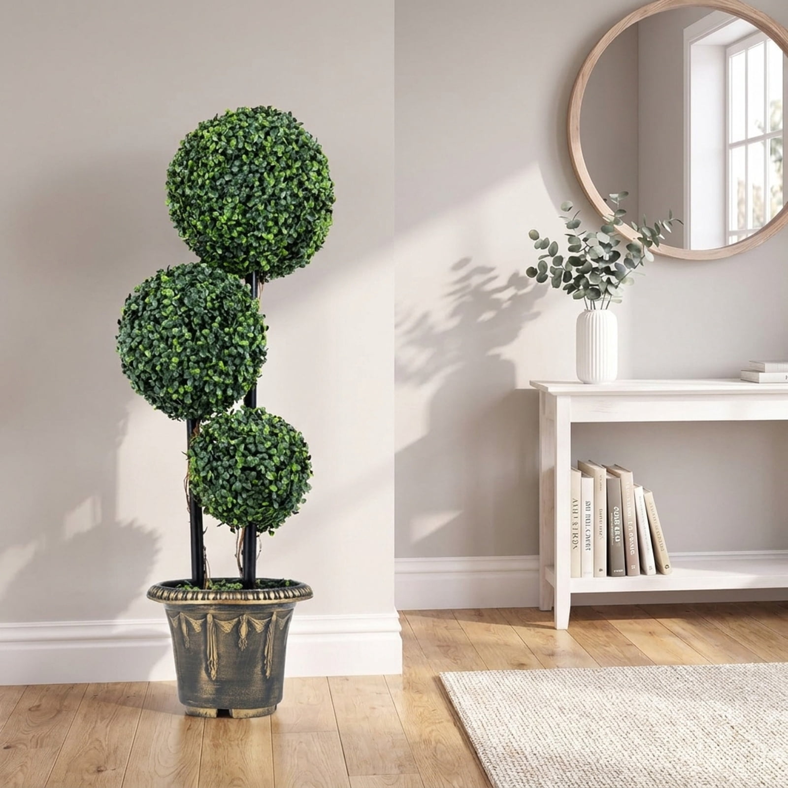 Vebreda Artificial Plant Decor, 2.5/3 FT Artificial Boxwood Topiary Tree Triple Ball Shrubs, Triple Ball Display, No-Care Daily Beauty