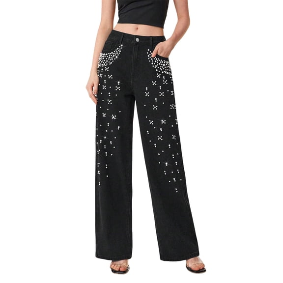 Trendy Jeans for Women 2026 Pearl Embellished Denim Pants Mid Rise Wide Straight Leg Jeans with Pockets Casual Denim Pants