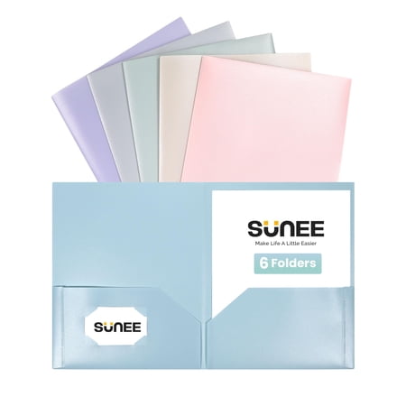 SUNEE 2 Pocket Folders (6 Pack, Pastel Colors) Heavy-Duty Plastic Folders with Pockets, Fit 8.5x11 Letter Size Paper, 2-Pocket File Folders for Kids, Home, School, Office