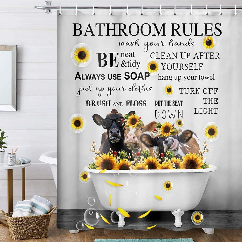 Funny Highland Cow Shower Curtain, Rules Bathroom Educational Motivational Quotes Shower