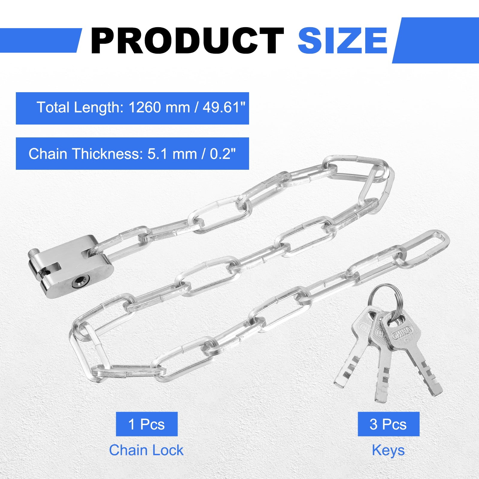 Bike Chain Lock, (50 Inch, Silver) (1 Pcs), Manganese Steel Anti-Theft Bicycle Square Chain Lock with Keys, Suit for - Bike/Motorcycle/Scooter/Truck