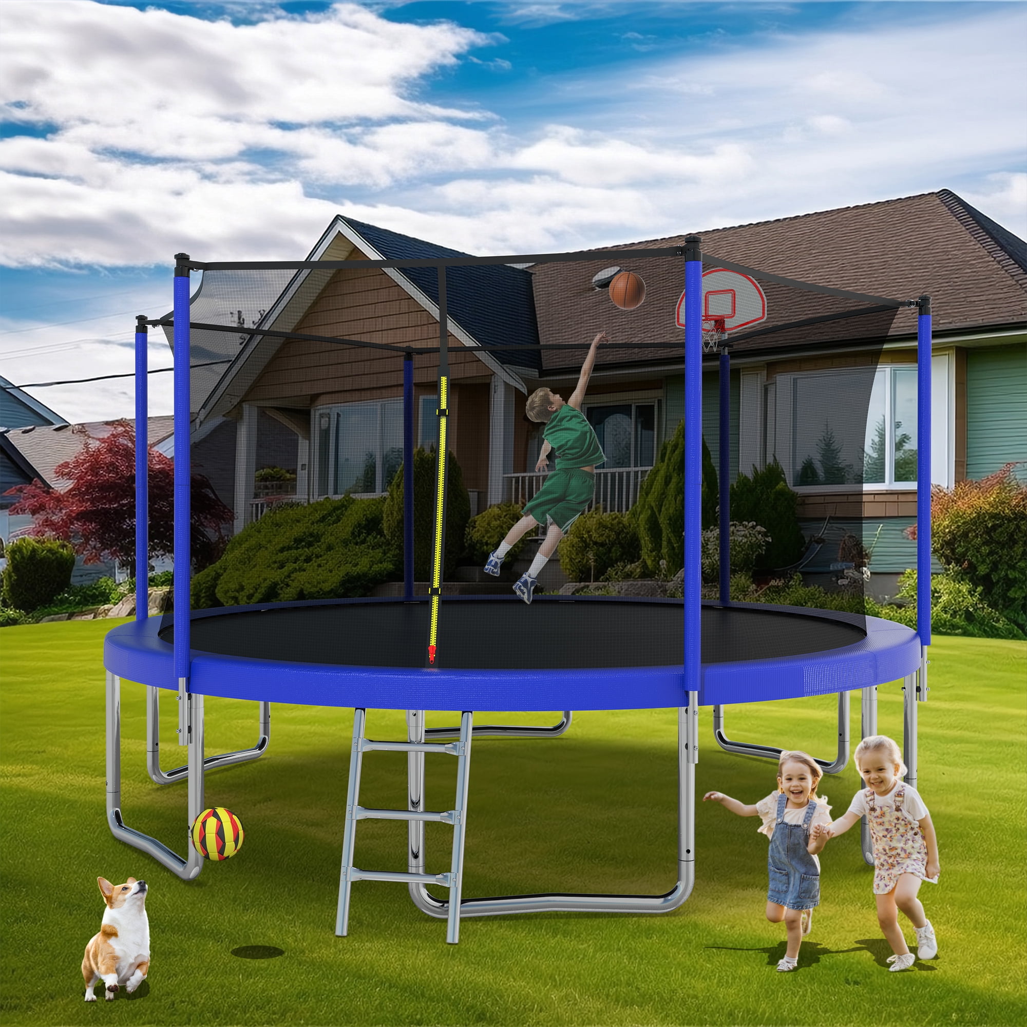 Witaxima 14FT Trampoline for Kids with Safety Enclosure Net, Outdoor Backyard Large Recreational Jumping Mat, Blue, 6 W-Shaped Legs & Galvanized Steel Frame