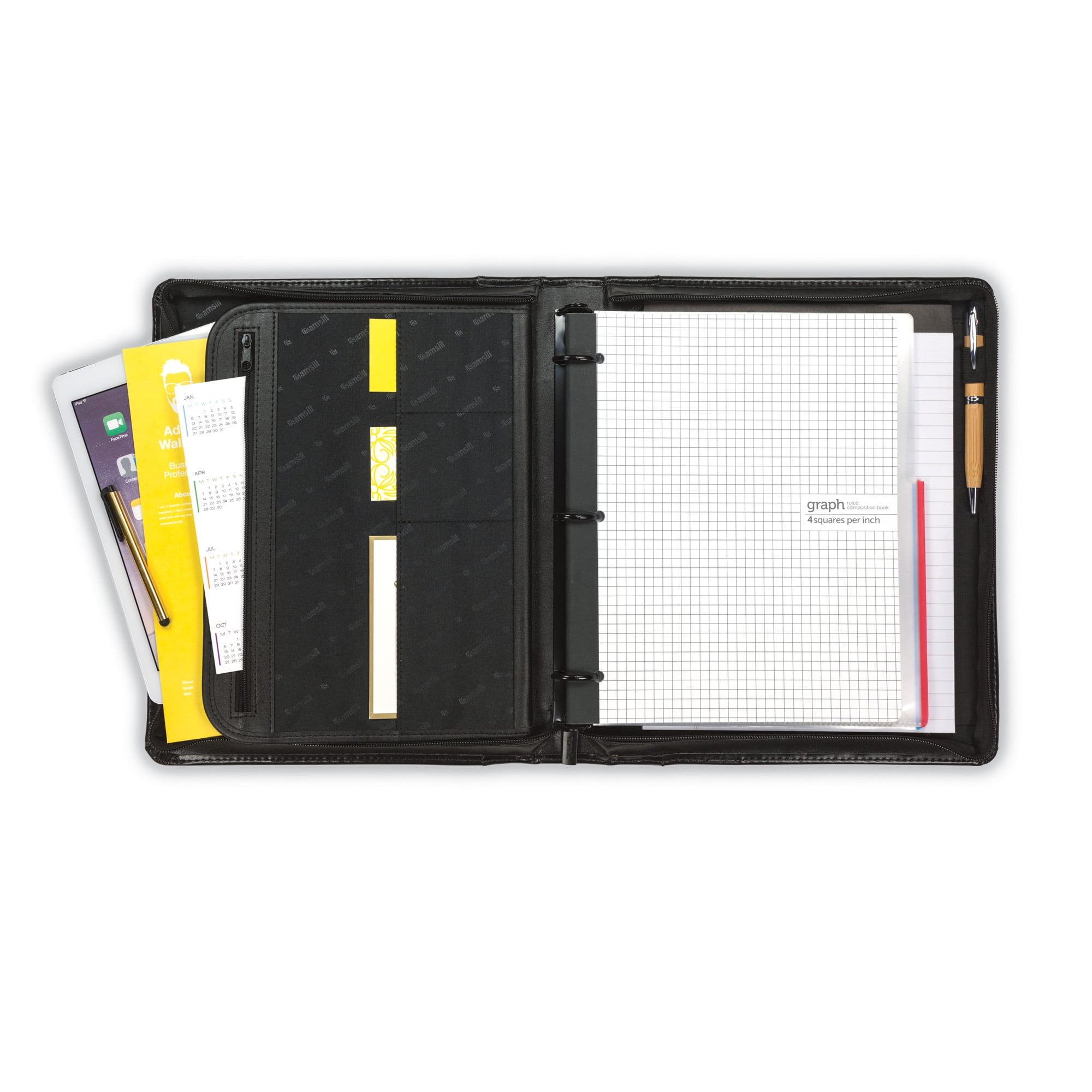 Samsill Regal Leather 1.5" Round Ring Zipper Binder Portfolio, Black