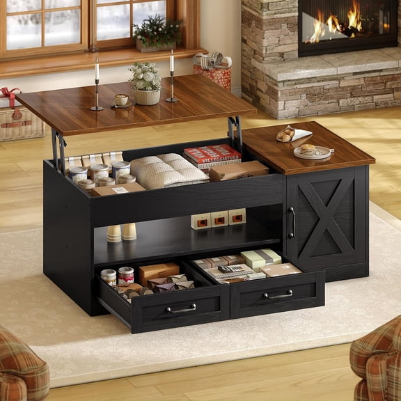 39.4" Farmhouse Lift Top Coffee Table with 2 Drawer Storage & Cabinet, Hidden Compartment Pop-Up Tabletop for Living Room, Small Space, Black Walnut