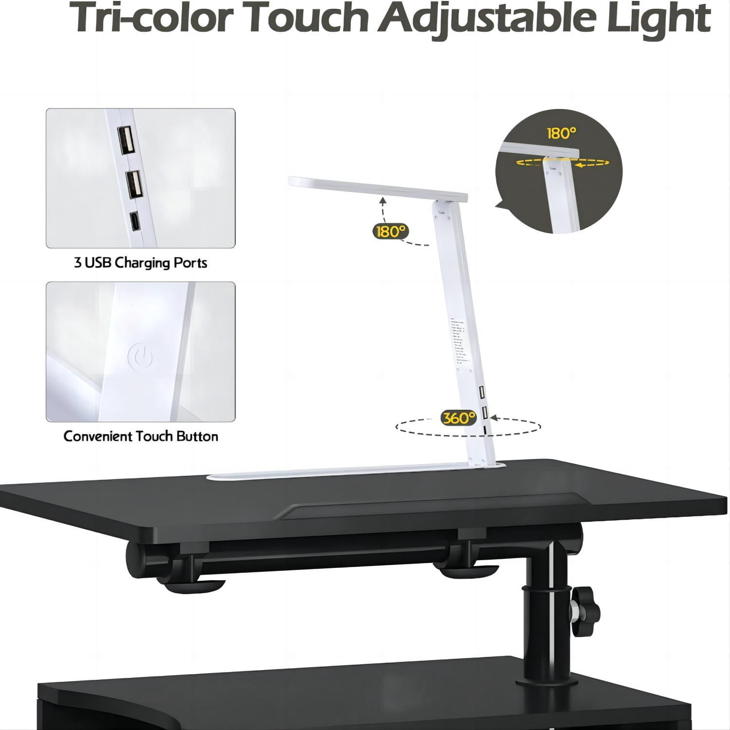 Soges Nightstand with Drawers and LED Lights, Bedside Table with Lamp, USB Charging Ports, Height Adjustable Side Table with Wheels, Rolling End Table Overbed Table, Black