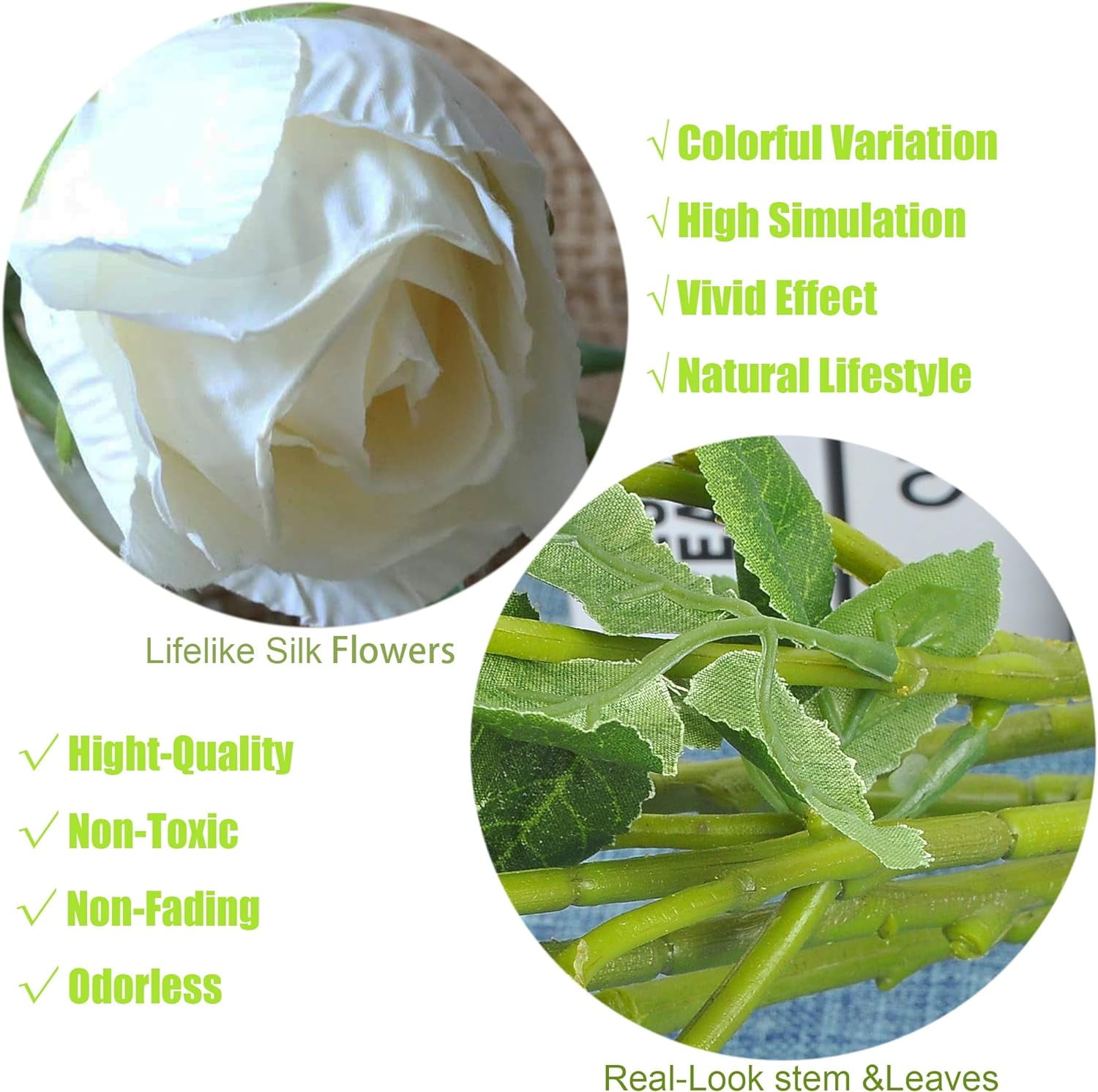 Dried Flower Artificial Rose 6pcs 24 Inch Long Stem Silk Rose with 5 Flowers for Wedding DIY Bridal Bouquet Home Decor Centerpiece Arrangement(White)
