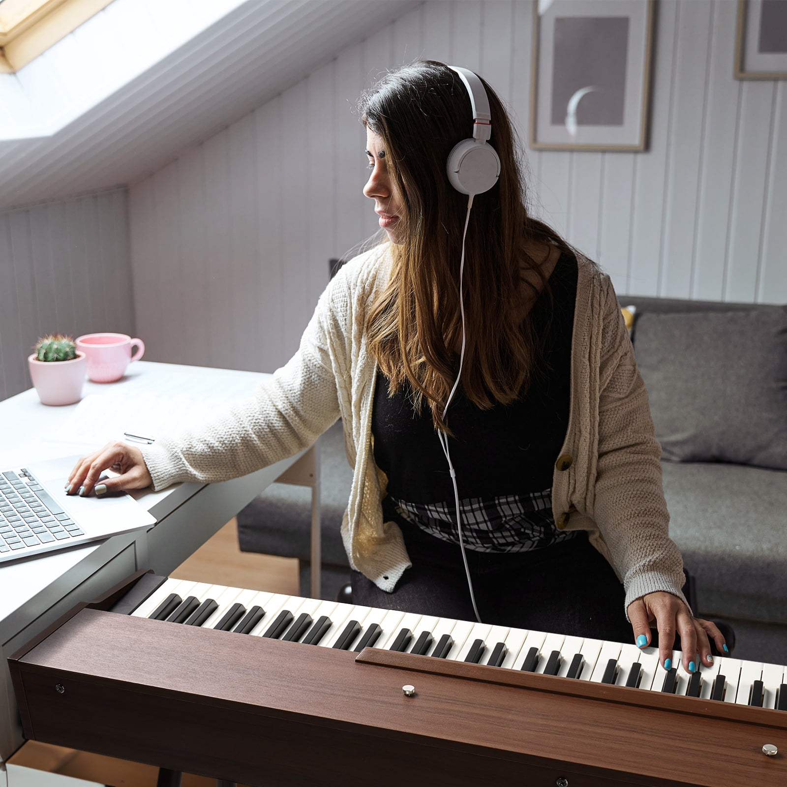 Ktaxon 88 Key Keyboard Piano Weighted Action Electronic Keyboard, Digital Piano with 3-Pedal Unit, Removable Music Stand, Stereo Headphone, Dark Brown
