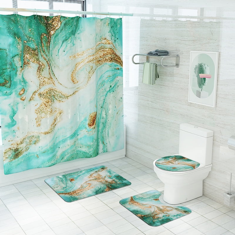 4Pcs Abstract Marble Shower Curtain Set with NonSlip Rugs, Toilet Lid Cover and Bath Mat, Green