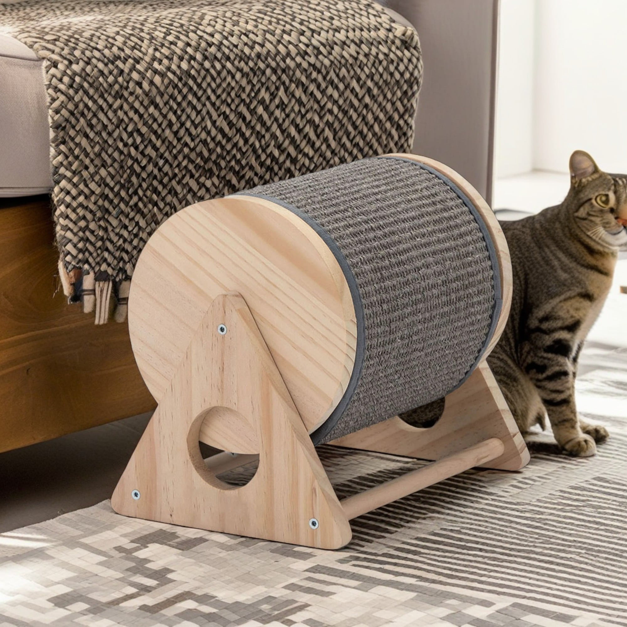 Kadyn 10" Cat Scratching Post with Sisal Wheel, Cats Scratcher Toy Interactive Wood Durable Scratch for Indoor Kitties, Beige