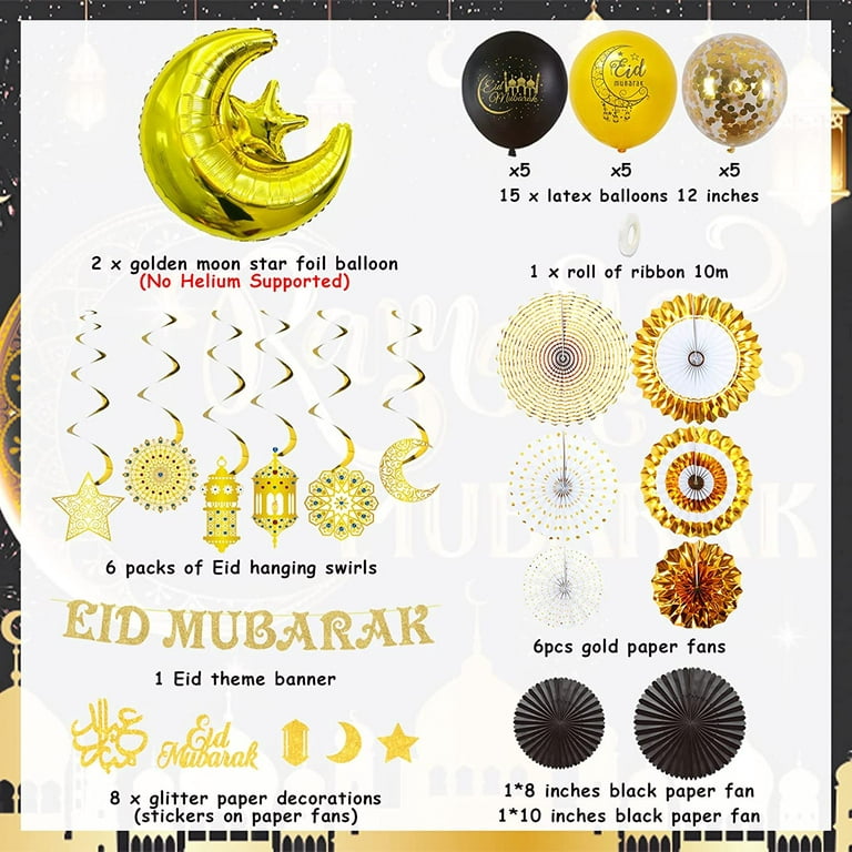 Eid Mubarak Decorations Black Gold, Glitter Eid Mubarak Banner 2023 Eid  Ramadan Balloons Decorations for Home Ramadan Hanging Swirls Islamic Decorations  Eid Festival Party Supplies 