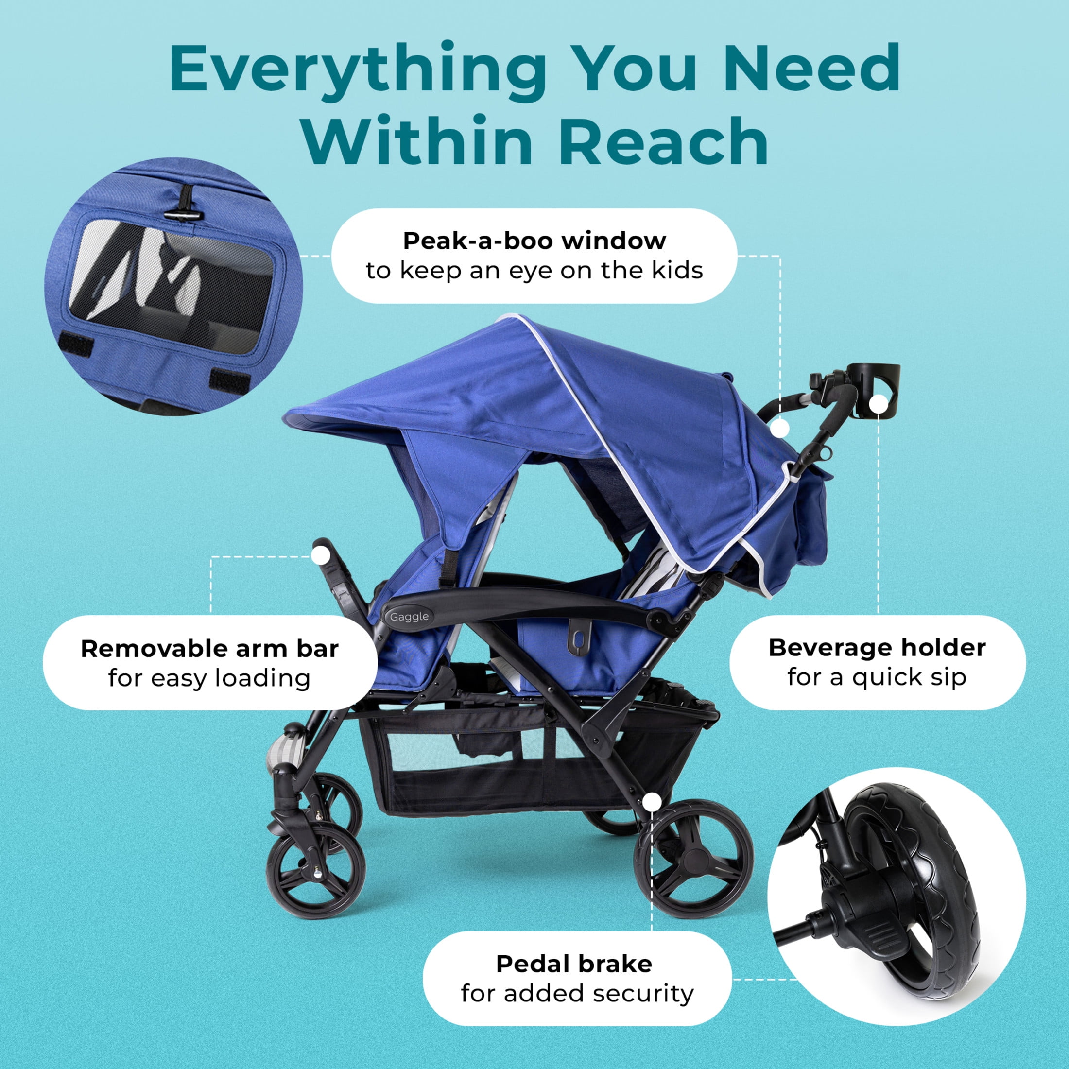 Foundations Gaggle Odyssey 4-Seat Quad Stroller, Reclining Bench Seats with Canopy, Navy/Gray