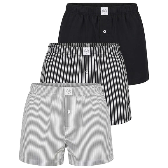 Real Essentials 3 Pack: Men's Woven Cotton Poplin Lounge Shorts Sleep Casual Comfy Loose Fit Elastic Waist PJ Bottoms Pockets