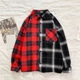thumbnail image 2 of Mens Plaid Shirt Color Block Shirt Long Sleeve Button Collar Asymmetrical Hem Casual Streetwear Top Red M, 2 of 4