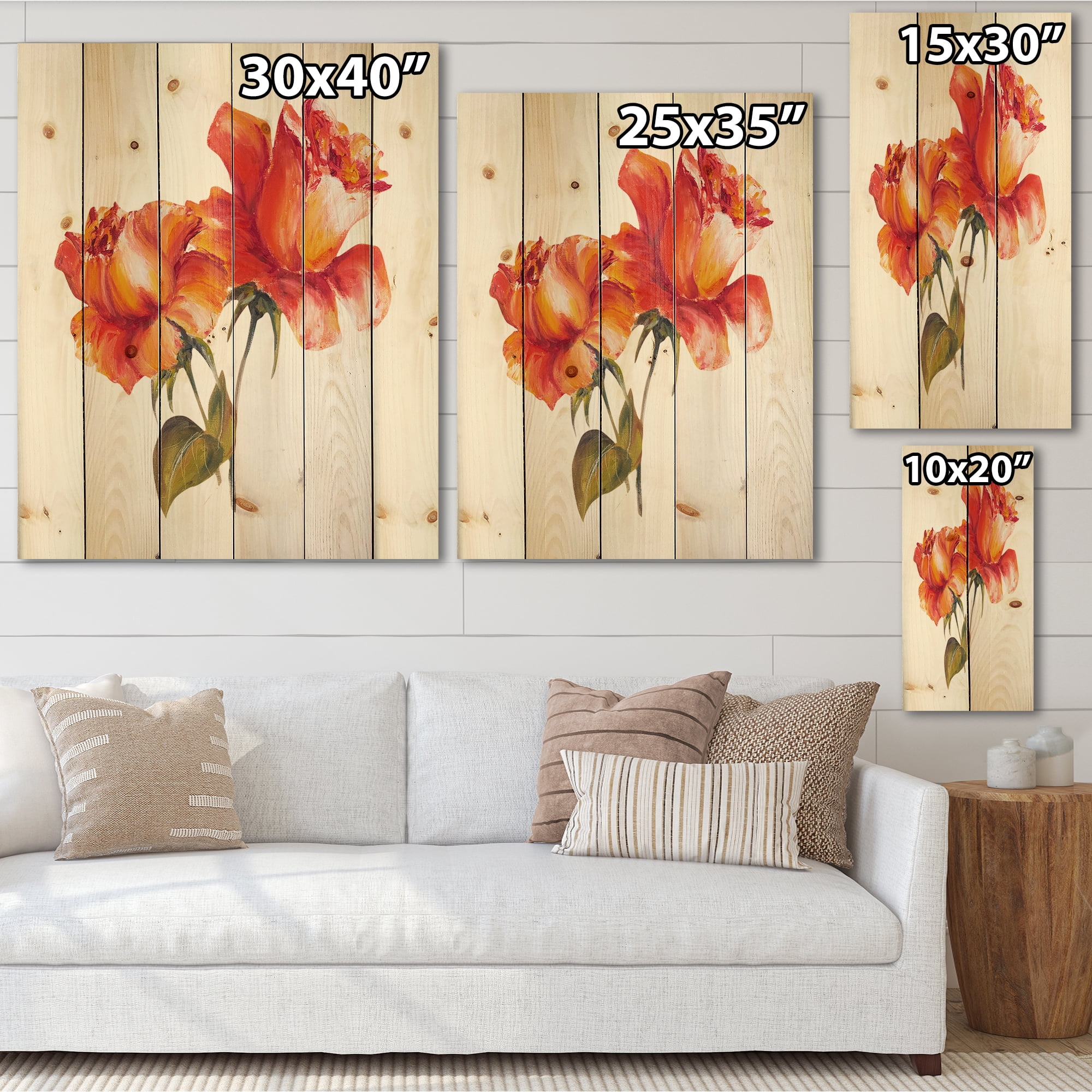 Designart 'Two Blossoming Red Roses On White' Traditional Print on Natural Pine Wood