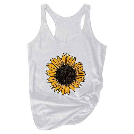 Outfmvch Womens Tops Tank Top For Women Women Plus Size Summer Sunflower Print Round Neck Sleeveless T-Shirt Top Tank Corset Tops For Women White M