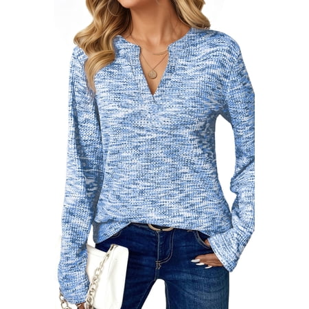 UVN Long Sleeve Shirts for Women Fall V Neck Waffle Knit Blouses Dressy Casual Tunic Tops Ladies Work Clothes