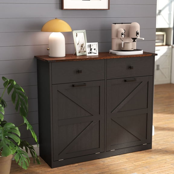S-HOME Free Standing Farmhouse Black Tilt Out Trash Cabinet for Kitchen Conveniently Holds 20 Gallon Cans with Barn Door