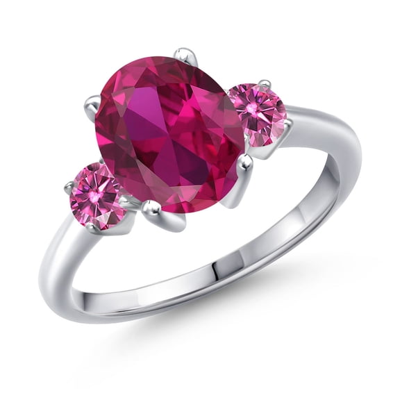 Gem Stone King 925 Sterling Silver Ring Oval Red Created Ruby and Vivid Pink Moissanite (3.46 Cttw, Size 9)