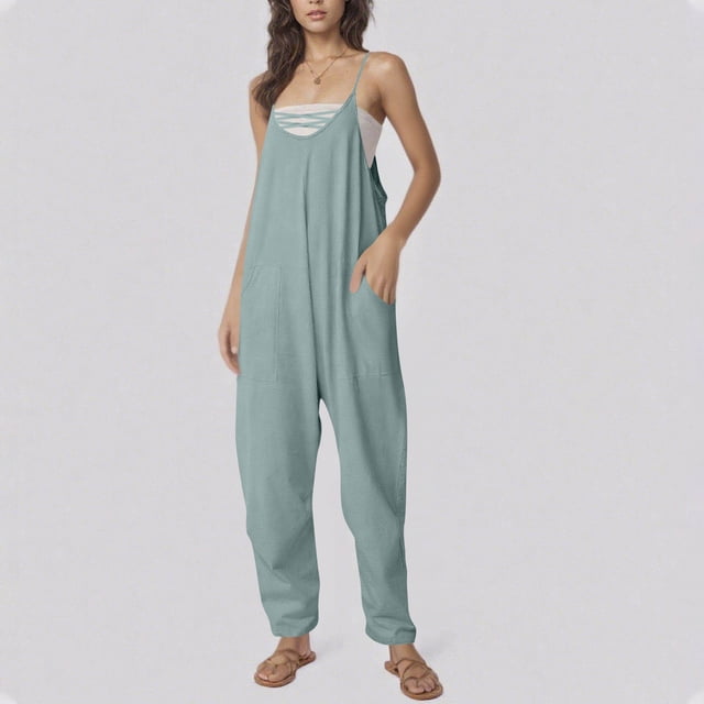 Neewe Women's Loose Fit Elastic Off Shoulder Beam Foot Sleeveless Strap Jumpsuit Rompers with Pockets Plus Size
