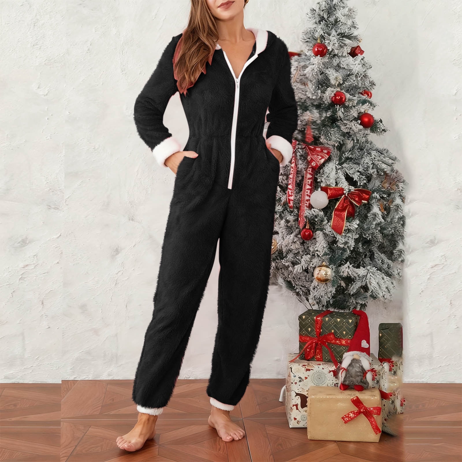 yoeyez Adult Onesie Pjs for Women Sherpa Jumpsuit Long Sleeve Fuzzy Pajamas Santa Hooded Winter Rompers Sleepwear