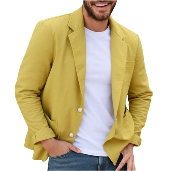 Mens Linen Casual Blazer Slim fit Long Sleeve Jacket Washed Casual Suits Blazer Jackets Yellow XXXL