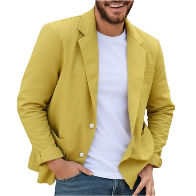Veste de Costume Décontractée pour Hommes avec Col à Revers, Manches Longues, Matériau Imitation Lin, Détails avec Poches