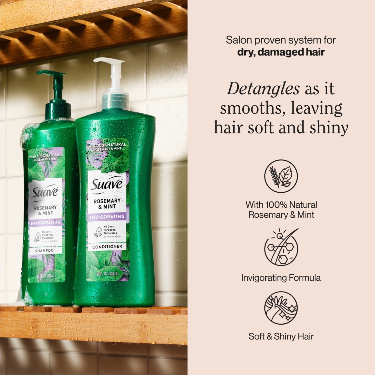 Suave Rosemary and Mint Invigorating Conditioner, Paraben Free Detangling Formula for Dry Color Treated Hair, 28 fl oz