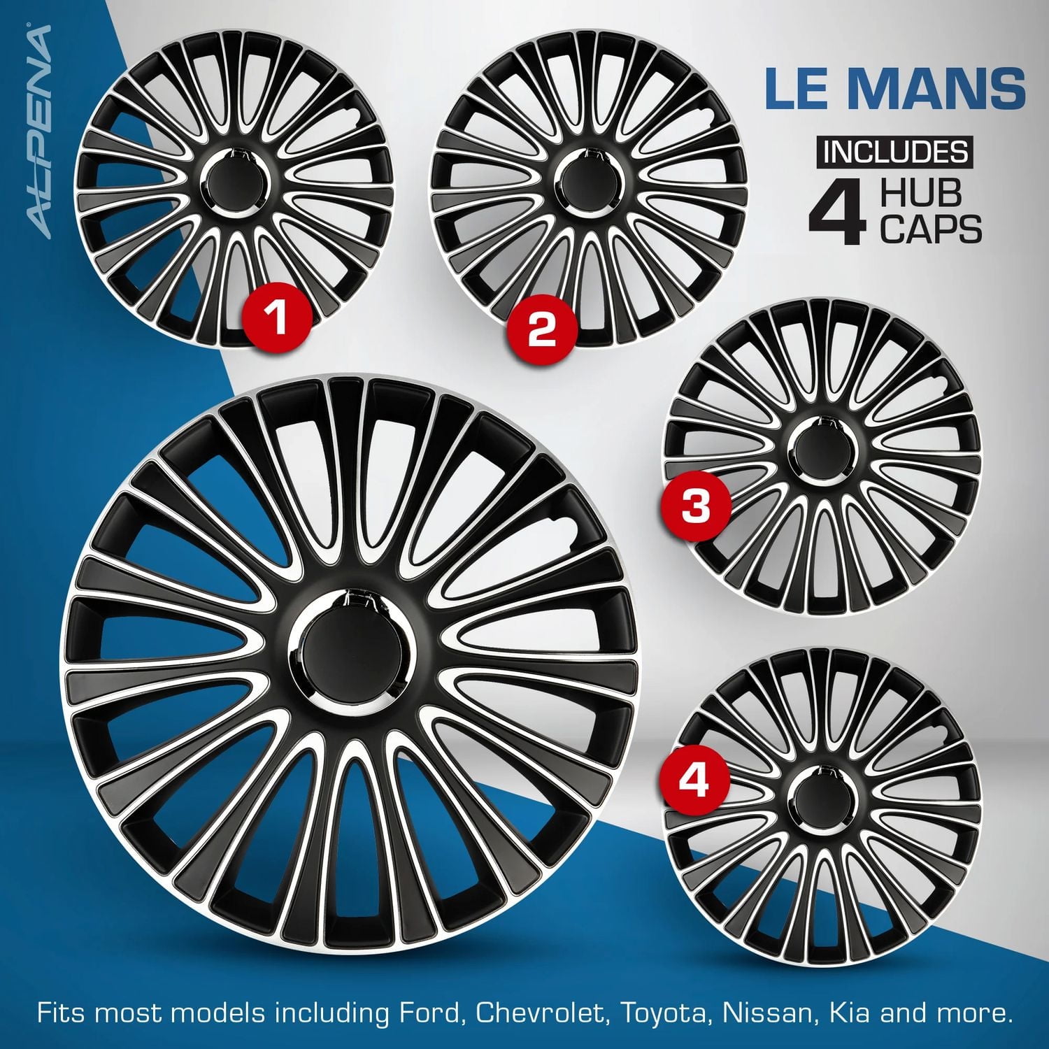Alpena 16" Le Mans Wheel Covers, Silver, set of 4