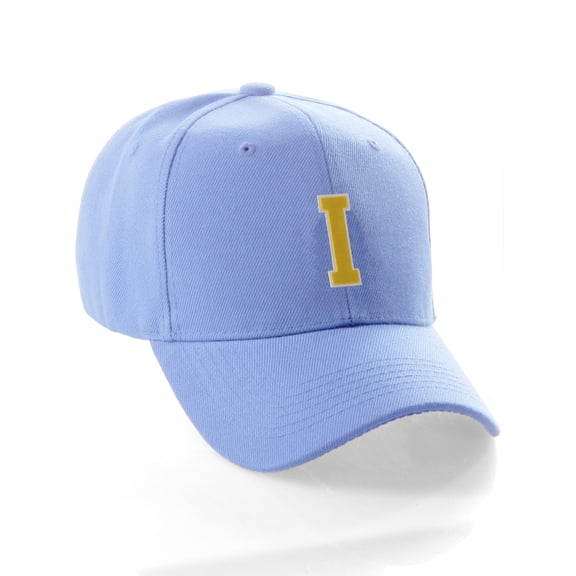 Classic Baseball Hat Custom A to Z Initial Team Letter, Sky Cap White Gold Letter I