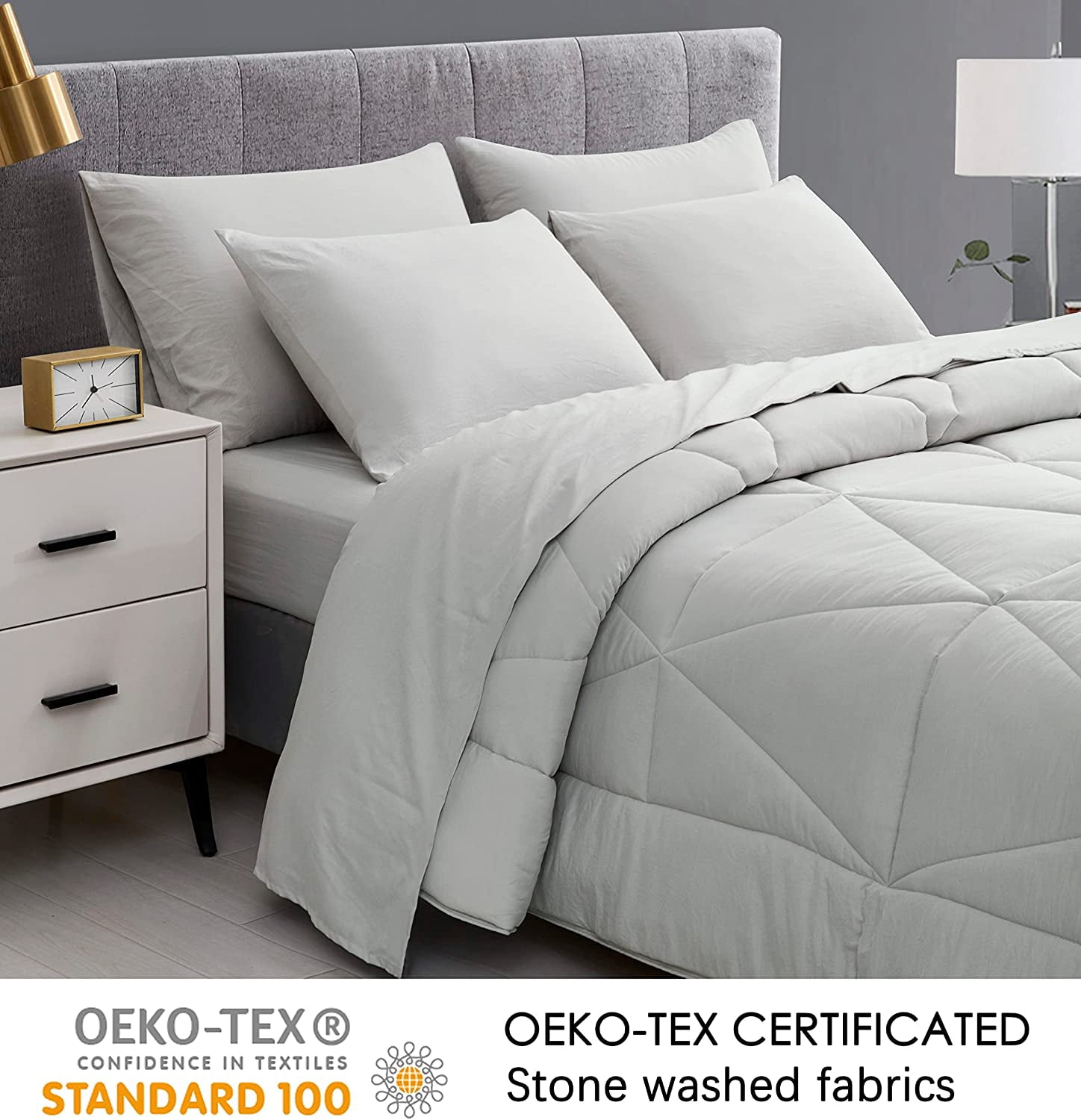 Chezmoi Collection Rory Light Gray Comforter Set King Size 3-Piece Fluffy Soft Lightweight Bedding Triangle Quilted Stone-Washed Microfiber Comforter Set for All Season