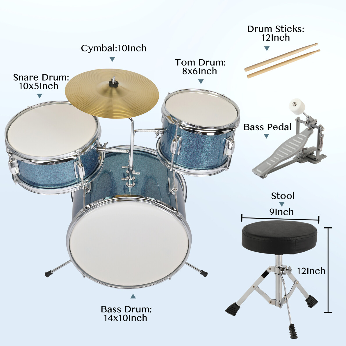 Kids Drum Set, 3-Pieces Junior Beginner Drum Kit with Adjustable Throne Stool, Bass Drum Pedal and 2 Drumsticks, 14 Inch Drum Musical Instruments with Cymbal, Tom and Snare Drum, Sky Blue