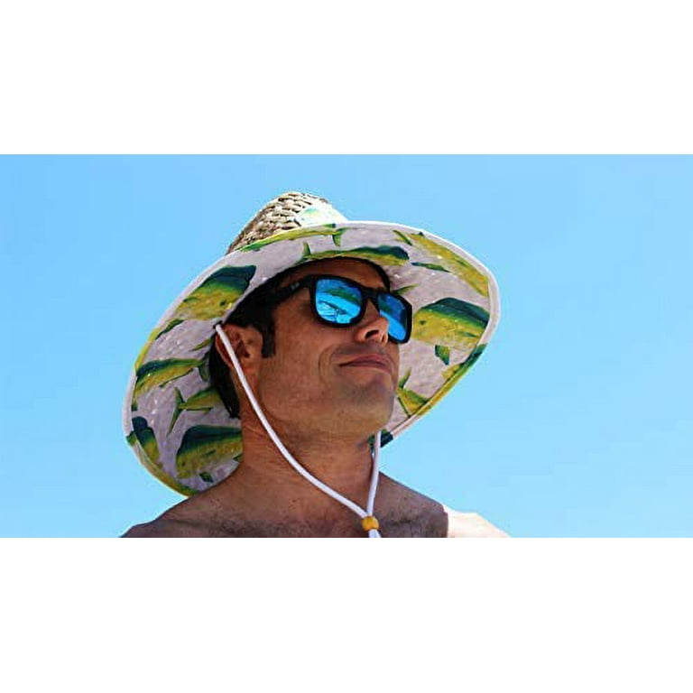 Men's Straw Sun Hat Dolphin Fish Sun Hat with Fabric Pattern Print Lifeguard Hat for, Beach, Ocean, Boating, Fishing, and Outdoor, Summer, Fits All